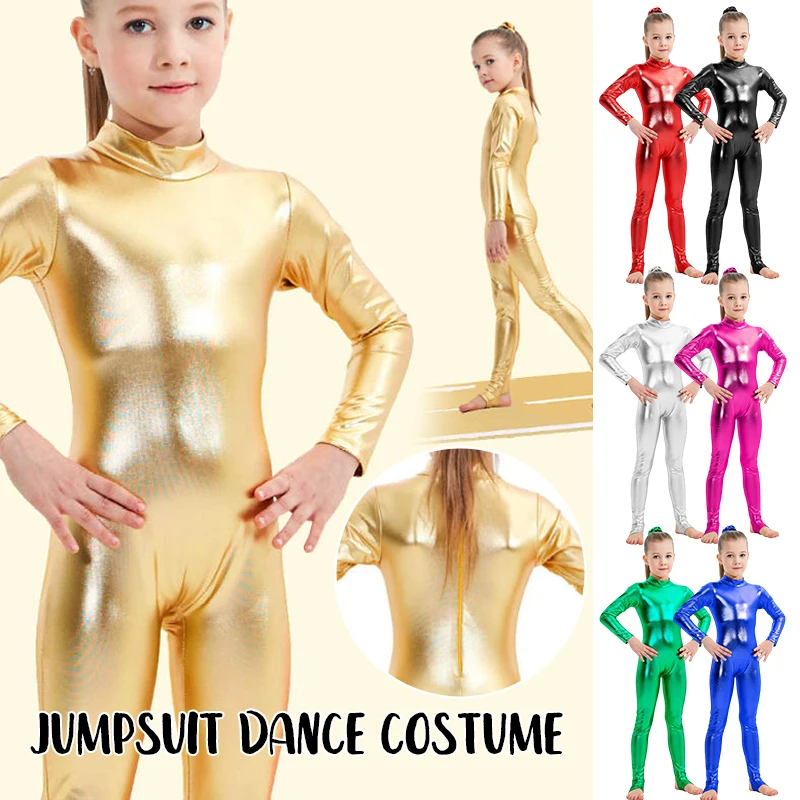 

Kids Shiny Bronzing Metallic Gymnastics Ballet Dance Leotard Long Sleeves Full Body Jumpsuit Girls Stretchy Unitard Dancewear