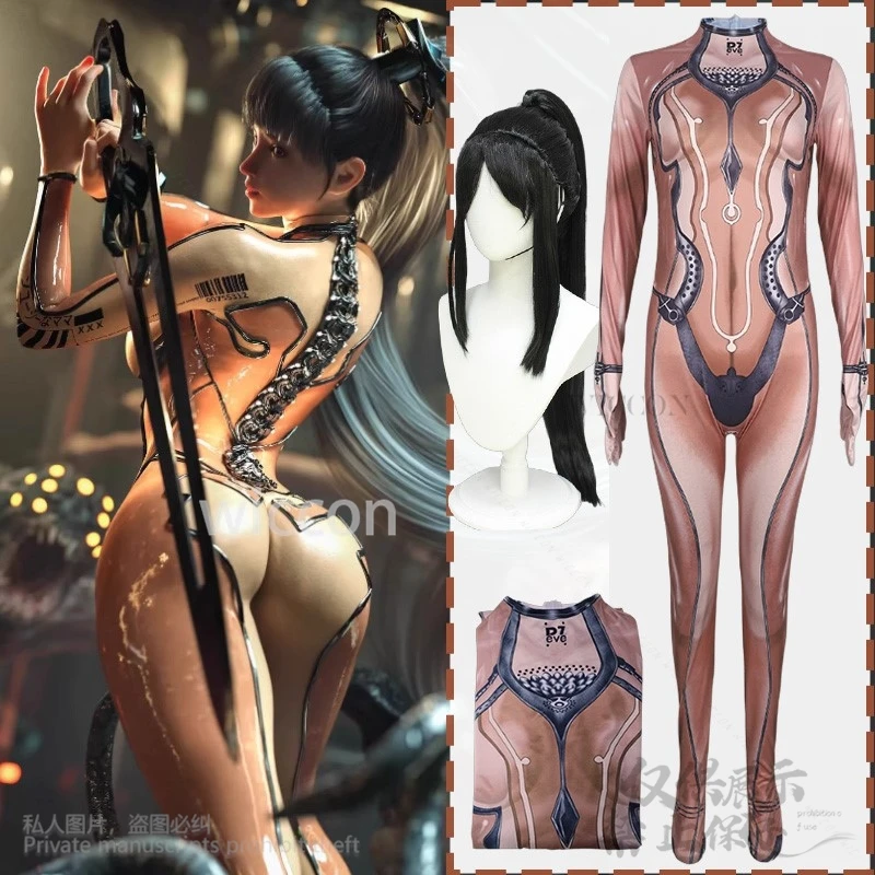 

Anime Game Stellar Cosplay Blade Eve Costume Sexy Punk Jumpsuit 3D Print Polyester Zentai Jirai Kei Girls Wigs Set Customized