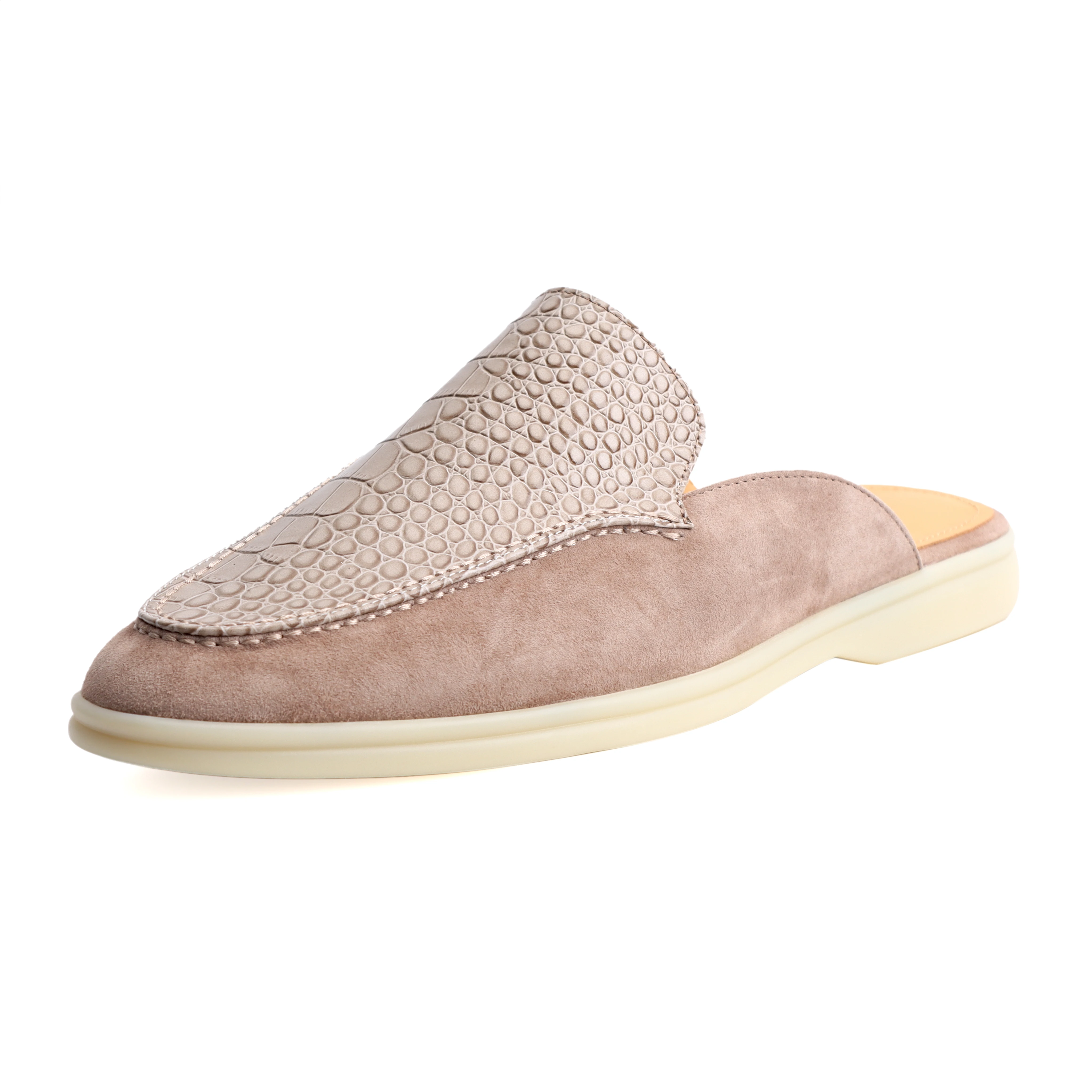 Men's Suede Backless Mule Loafers with Croc Embossed Leather, Old Money Style Slip-On Casual Luxury Shoes for Resort & Travel