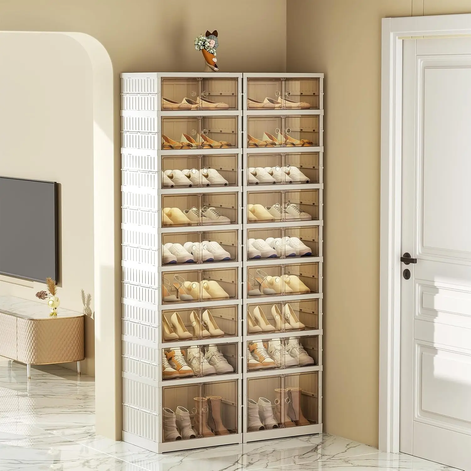 

Collapsible Shoe Rack Organizer 9 Tiers-36 Pairs Foldable Shoe Cabinet with Doors, Large Plastic Folding Shoe Cabinet