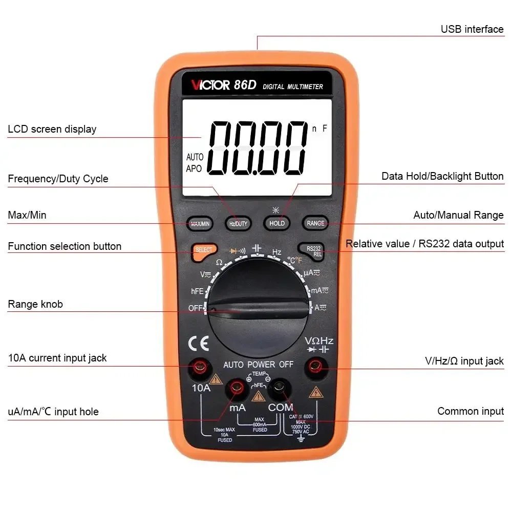 Ruoshui 86E multimetr cyfrowy 22000 zliczeń automatyczny zakres AC/DC temperatura częstotliwość kondensator USB Tester podłącz transfer