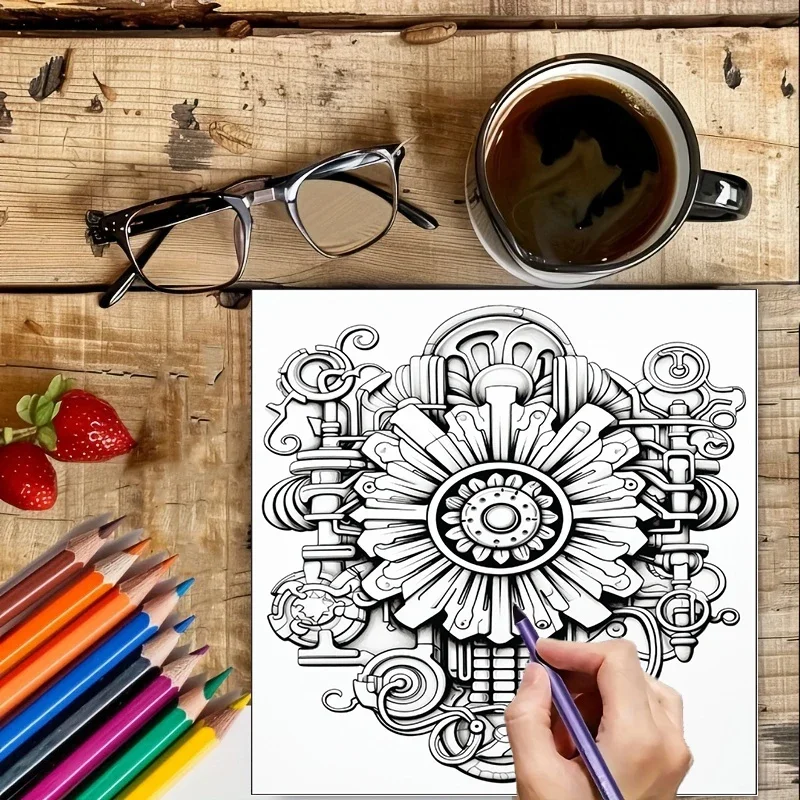 Coloring Book Steampunk Flowers for Adult Colouring Book, Birthday Day Gift, Back to School Supplies, Adults Cute Drawing Book view 3