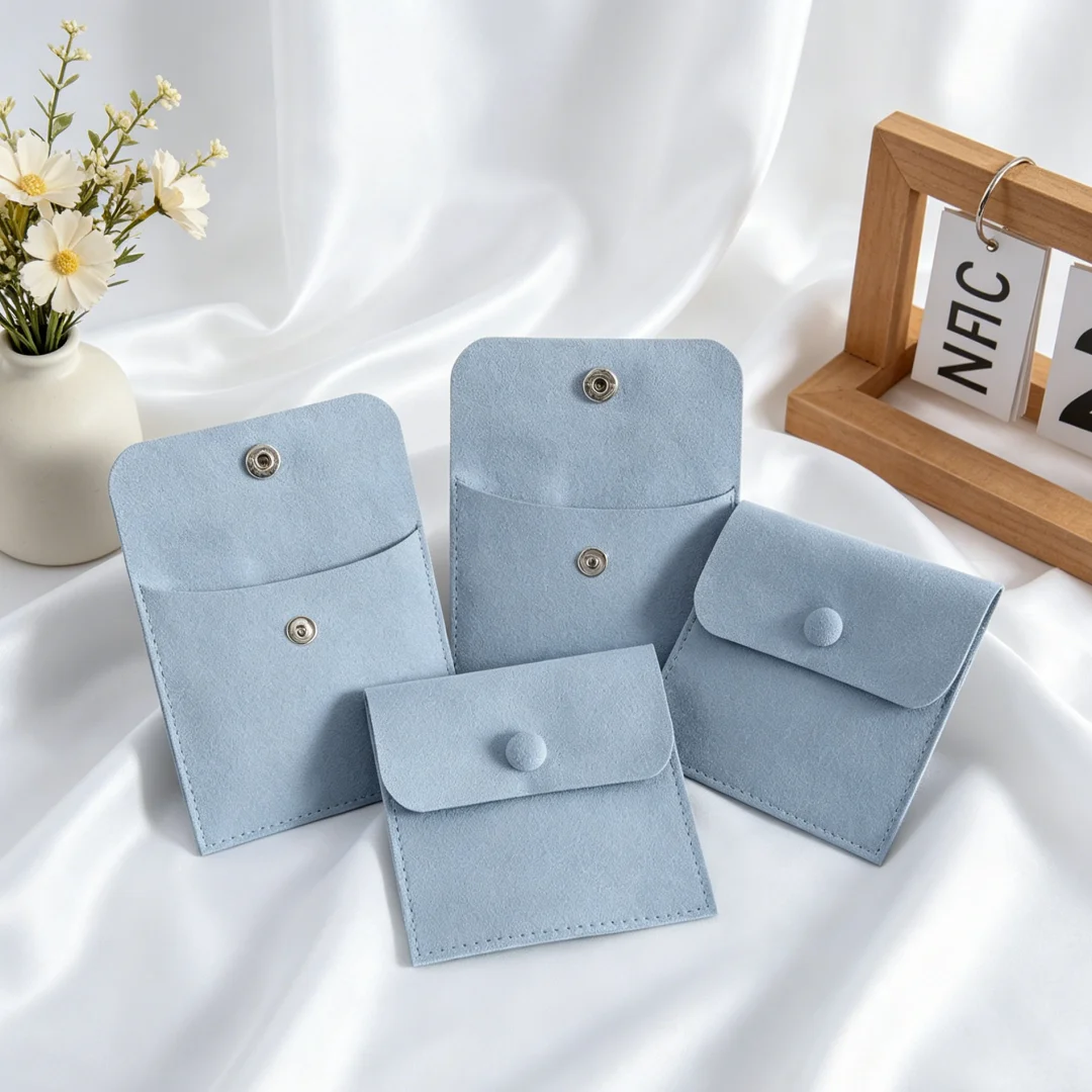 10Pcs 8x8cm Microfiber Jewelry Snap Bags with Button Closure  for Rings Earrings and Pendants for Daily Use and Travel Carrying