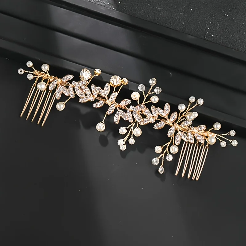 Crystal Pearl Hair Comb Clip Pin Rhinestone Leaf Hair Comb Headband Tiara For Women Bride Wedding Hair Accessories Jewelry Comb