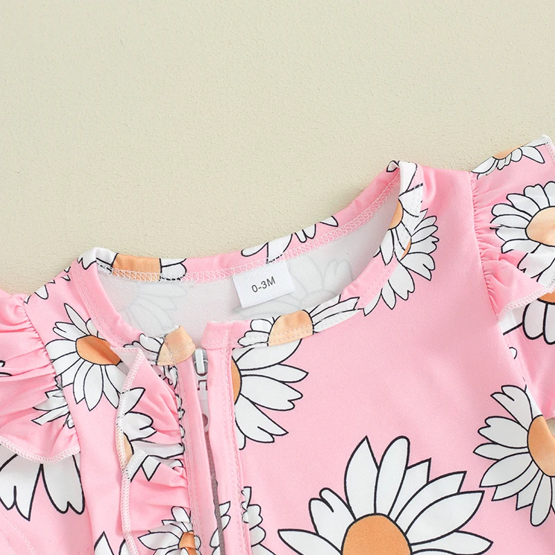 Baby Girls  Jumpsuit Short Sleeve Crew Neck Flower Print Zipper Closure Frills Romper Clothes Headband