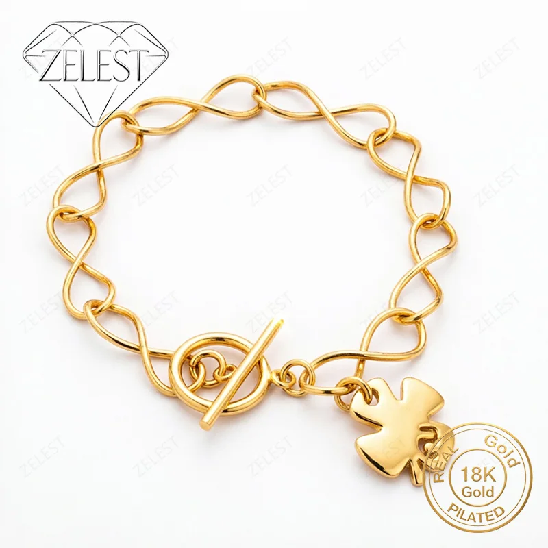 18K Gold Plated 8-inch Delicate Glossy Four-Leaf Clover Bracelet for Women, Fashionable Wedding Party Jewelry
