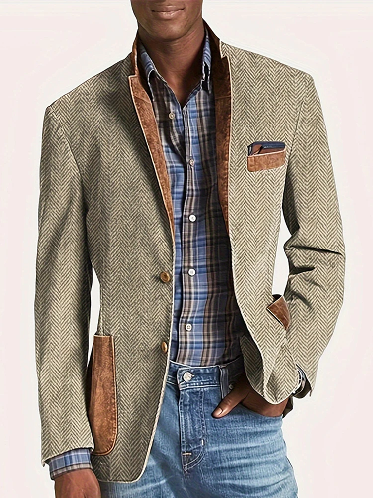 

Men's Stylish Fake Imitation Denim Casual Blazer Lapel Single-breasted Slim Gentleman Daily Jacket Multiple Pockets Male Jackets