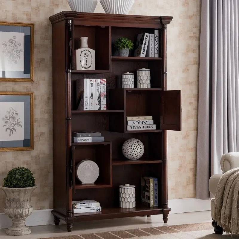 Multi-layer Walnut Solid Wood Bookshelf Cabinet Retro White Display Locker Wine Storage Unit