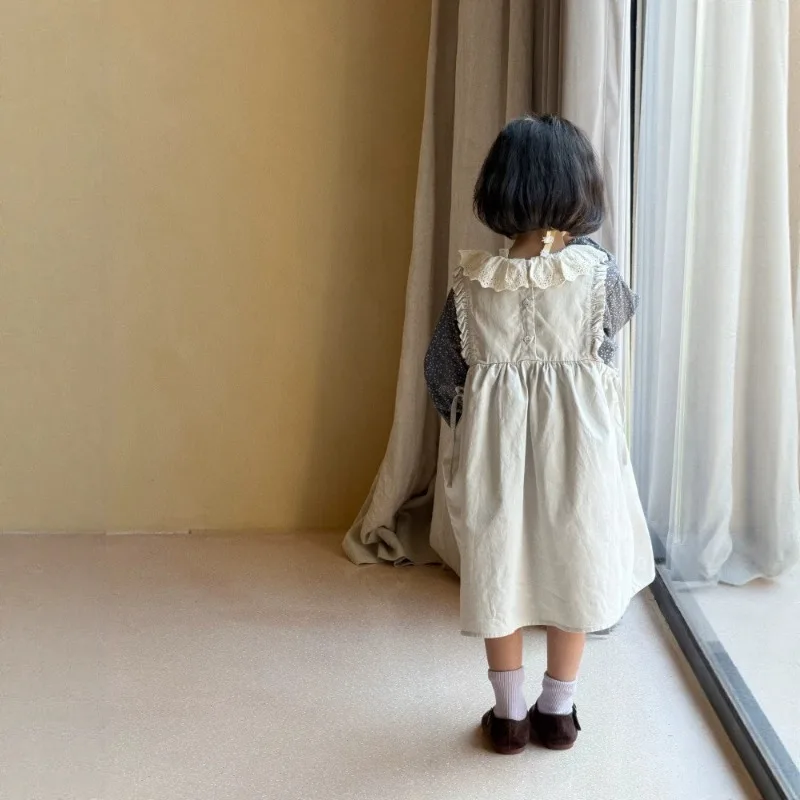 Girls' Korean Style Clothing 2026 Autumn New Item Girls' Lace Collar Floral Shirt and Sleeveless Vest Dress 3