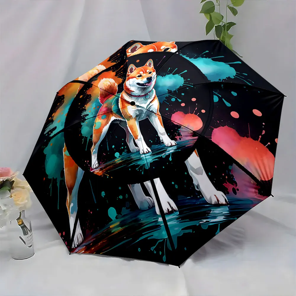 1PC Colorful Shiba Inu Umbrella: A Splash of Style Print 8 Iron Ribs Folding Umbrella Auto-Open Fashion Sunshade