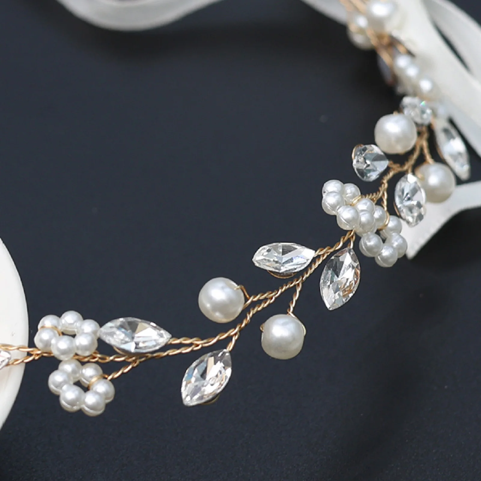 Bridal Pearl Hairband With Crystal Fashion Wedding Guest Hair Accessories Fairy Prom Headband With Ribbon Elegant Marriage Tiara