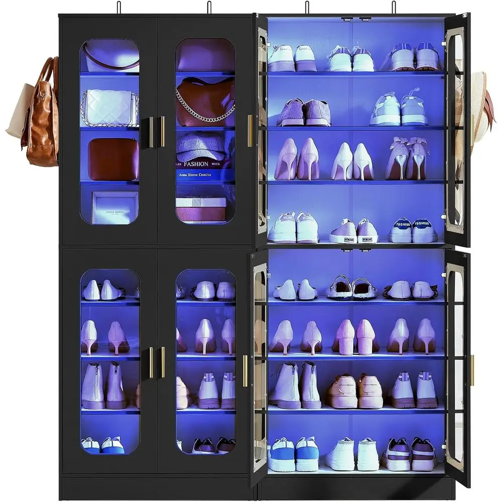 

8-уровневый шкаф для обуви со светодиодной подсветкой, регулируемыми полками, 2 шт., черный, с крючками для подвешивания и защитой от опрокидывания