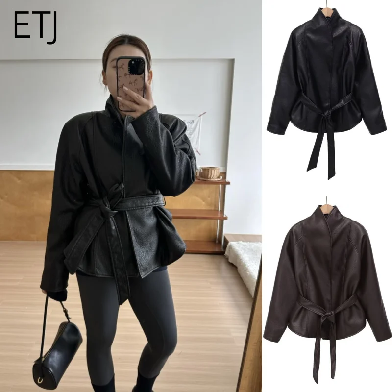 Jaqueta Feminina ETJ de Couro PU Vintage com Cinto, Gola Alta, Casaco Curto, Coleção Primavera 2026, Moda Urbana Retrô Minimalista