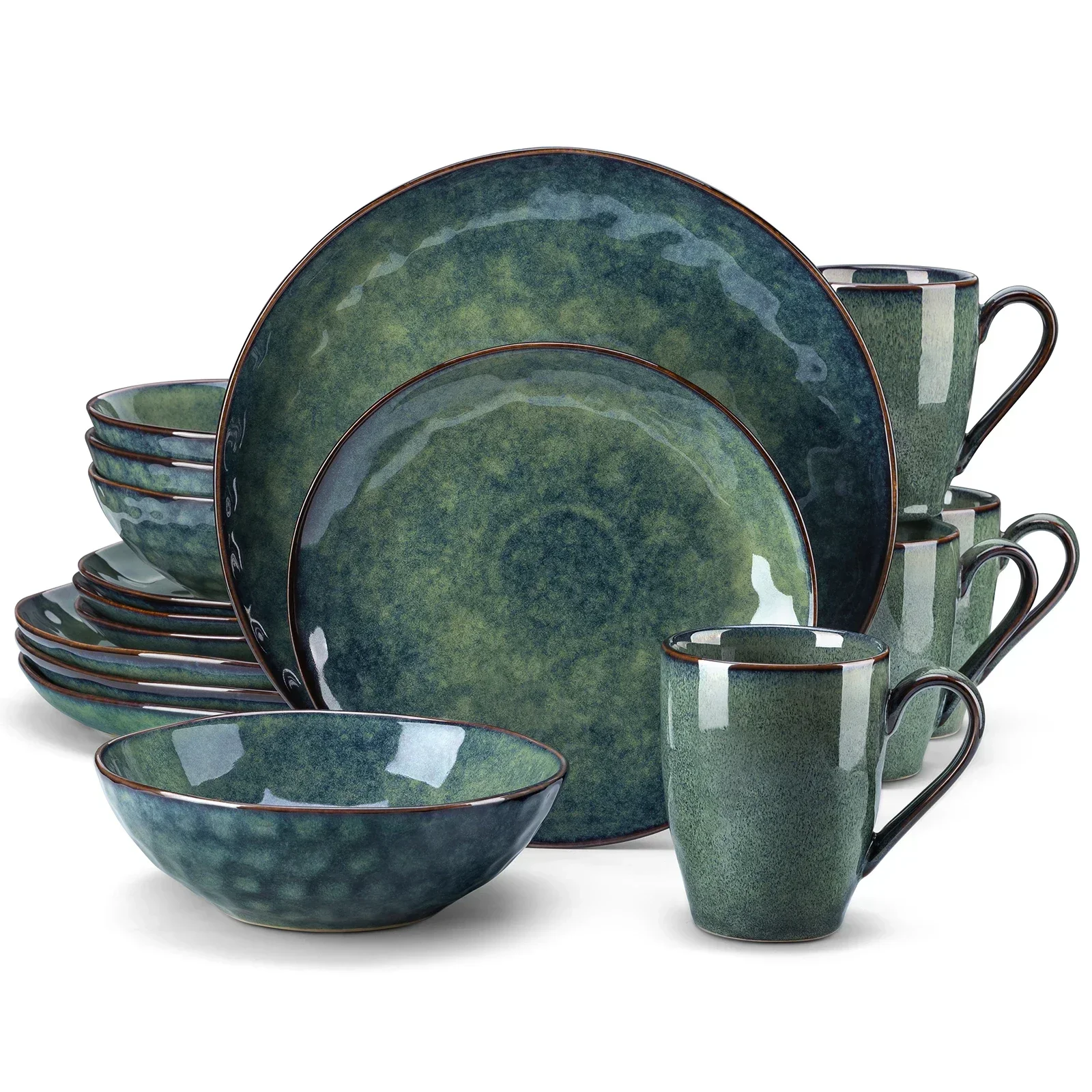 vancasso 16/32/48-Piece Starry Green Dinner Red Set Kiln Change Glaze Tableware Set with Dinner Plate,Dessert Plate,Bowl,Mug