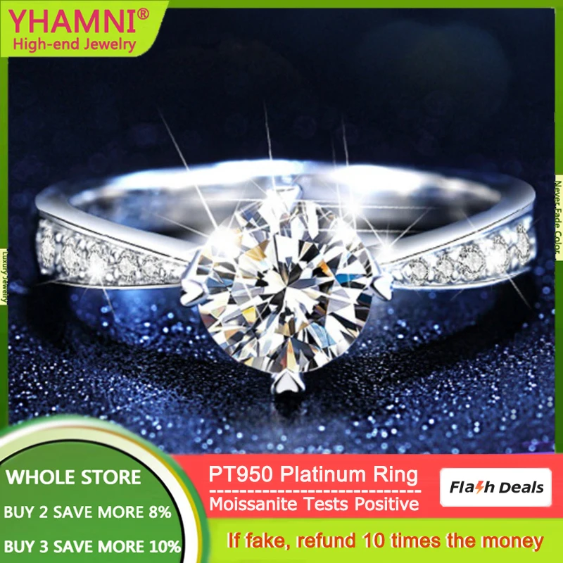 YHAMNI High Quality Certified 1 Carat Moissanite Diamond PT950 Platinum Rings Luxury Wedding Accessories Fine Jewelry for Women