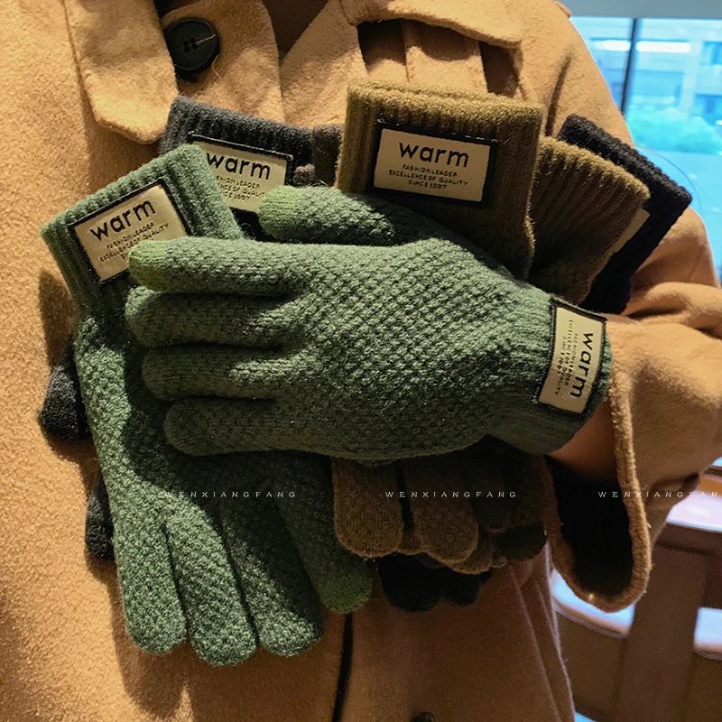 Knitted Yarn Gloves for Men and Women, Winter Korean Version, Warm Cycling, Anti Slip, Five Finger Velvet Touch Screen Gloves