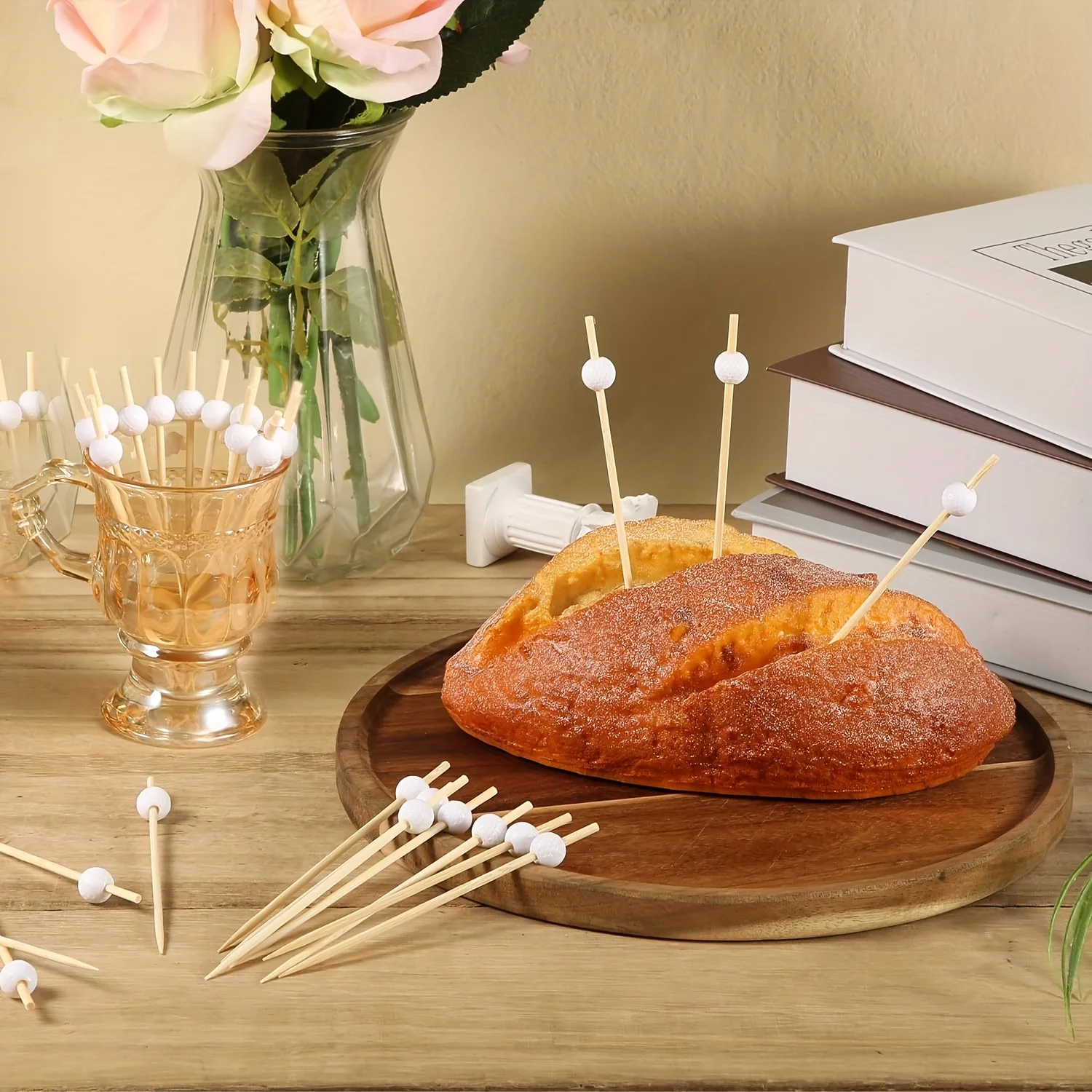 50/100pcs Pack Disposable Golf Ball Bamboo Skewers for Cocktail Fruit Appetizer 12cm Decorative Cocktail Picks for Party