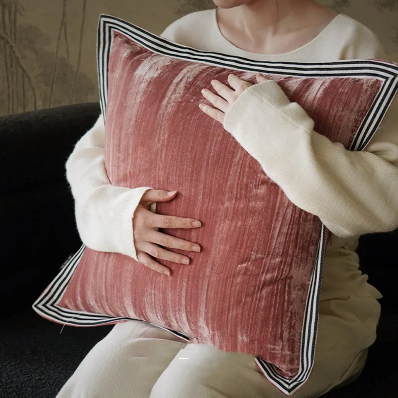 50x50cm Luxury Crushed Throw Pillow Cover with Black White Striped Trim, Soft Decorative Cushion Case for Sofa Living Room Bed