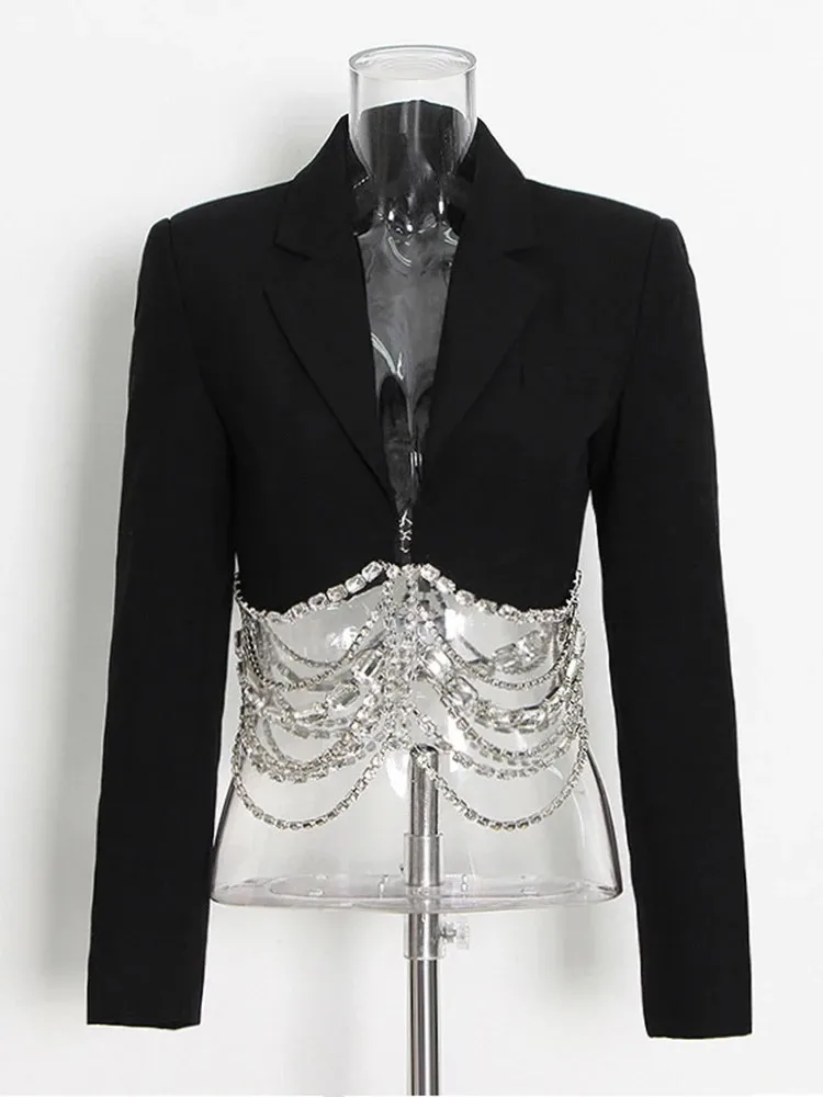 TWOTWINSTYLE-Chaqueta ajustada con cadena de diamantes para mujer, Blazer de manga larga con cuello con muescas, estilo informal, color liso