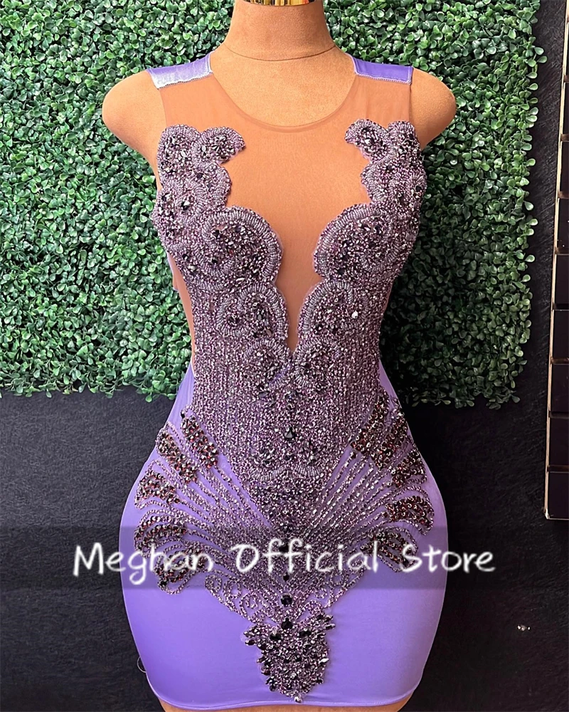 Purple O Neck Short Prom Dresses 2024 Beaded Crystal Rhinestone Birthday Party Dress Mermaid Cocktail Dresses Customized