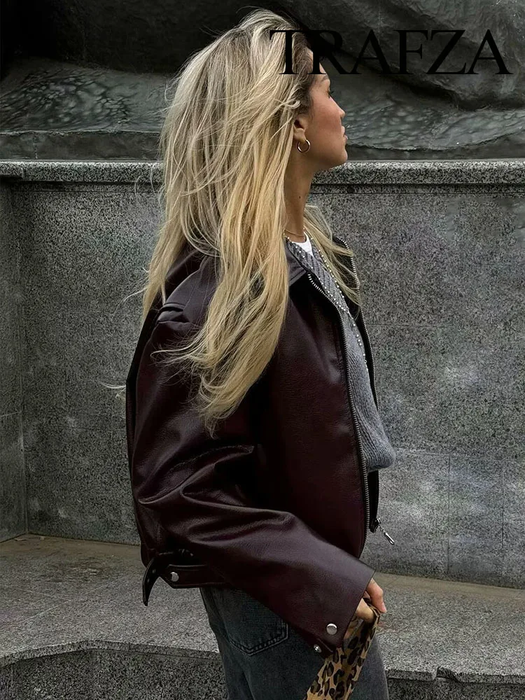 TRAFZA-Veste Courte à Col Rabattu et Manches sulfpour Femme, Vêtement Chic avec Poches et Fermeture Éclair, de Style Streetwear, à la Mode, de Printemps