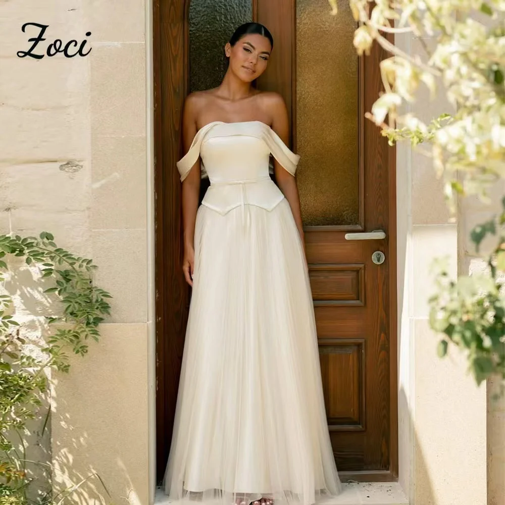 

Zoci Elegant Off The Shoulder Satin Tulle Korea Wedding Dresses Bow Belt Formal Occasion Dresses Vestidos Para Mujer Customized