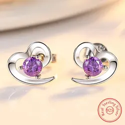 Solid 925 Sterling Silver Women's New Crystal Jewelry Fashion Heart Stud Earrings XY0244