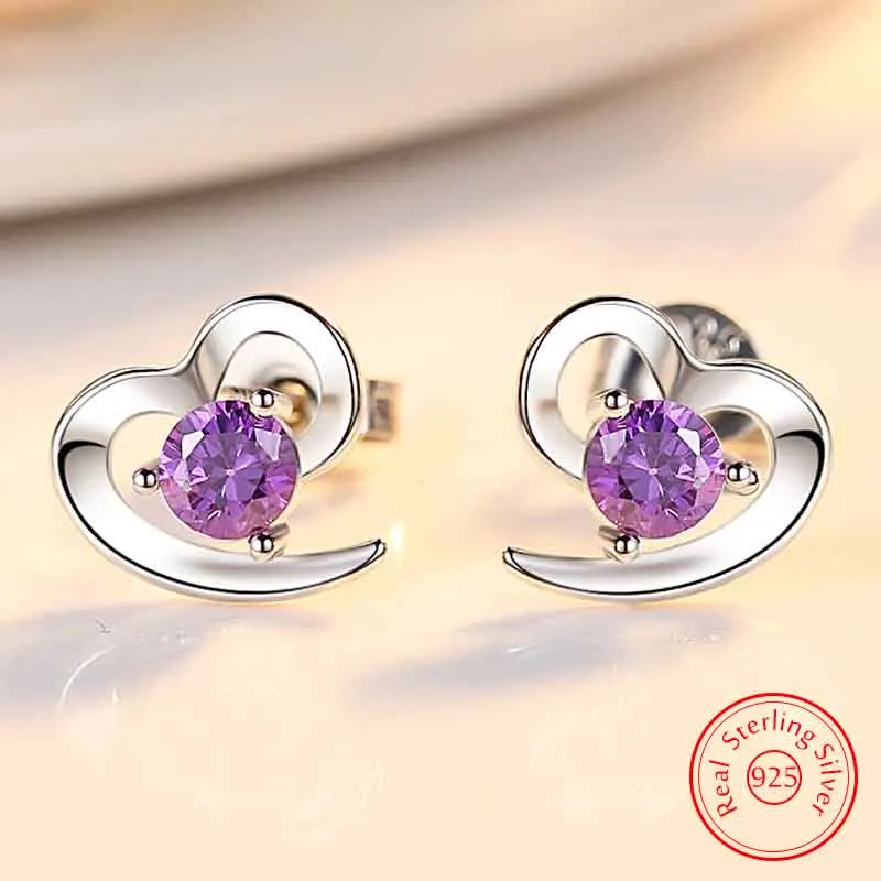 Solid 925 Sterling Silver Women's New Crystal Jewelry Fashion Heart Stud Earrings XY0244