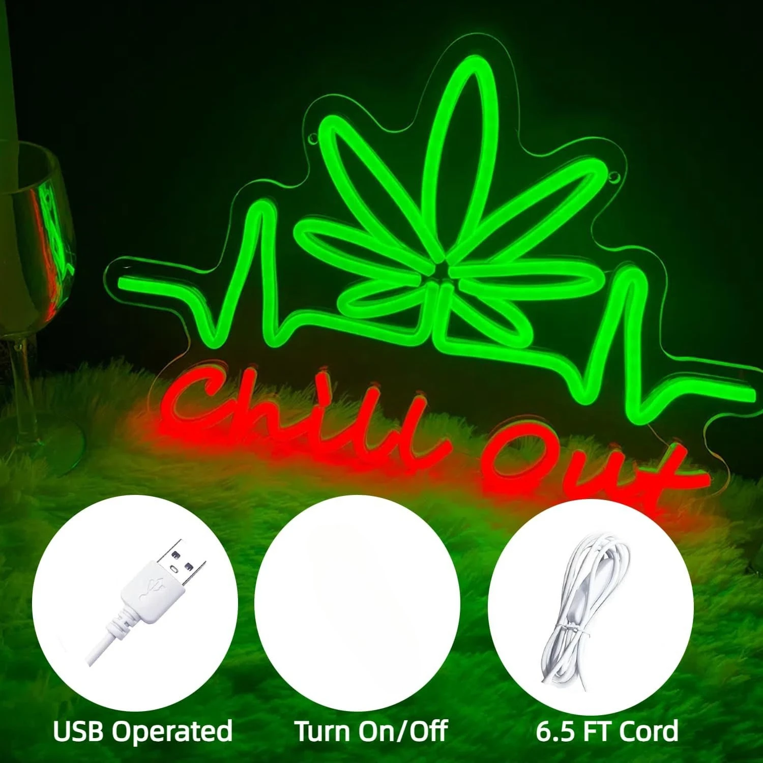Chill Out Neon Signs for Wall Decor,Green Leaf Led Signs Neon Bar Signs for Bedroom Game Room Party Bar Decor Gift USB Dimmable