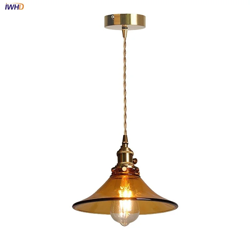 

IWHD Vintage Loft LED Pendant Lights Hallway Coffee Kitchen Amber Glass Hang Lamp Wire Adjustable Knob Switch Dining Room Light