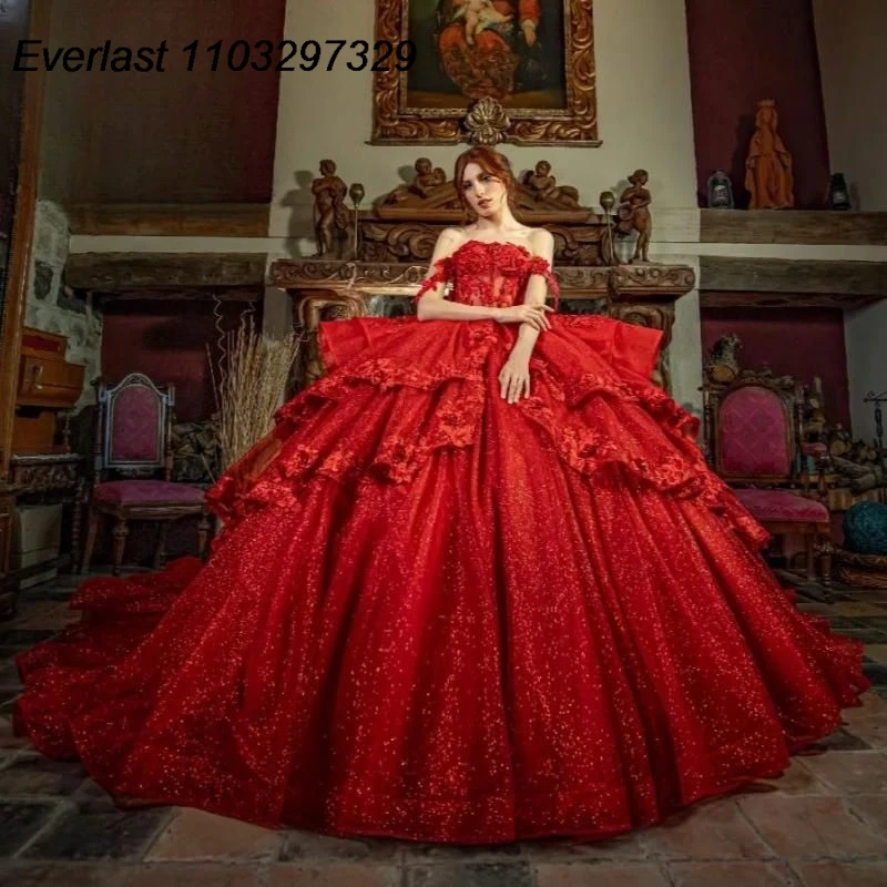 

EVLAST Shiny Red Quinceanera Dress Ball Gown Lace Applique Beading Crystals Tiered Corset Sweet 16 Vestidos De XV 15 Anos TQD678