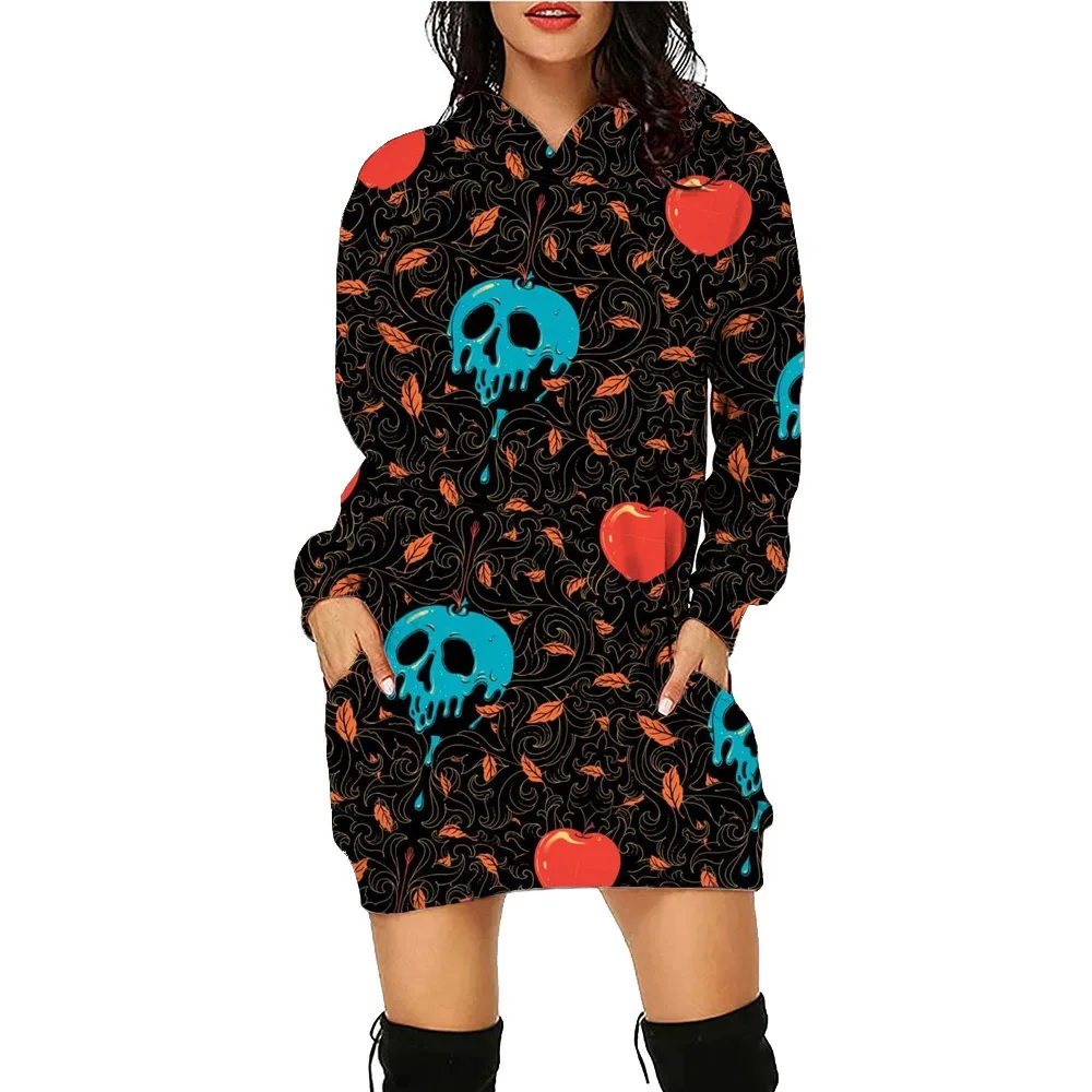 Robe à capuche imprimée tête de mort florale pour femme, sweat-shirt d'entraînement, pull à manches longues, t-shirt d'automne, robe éducative, Halloween