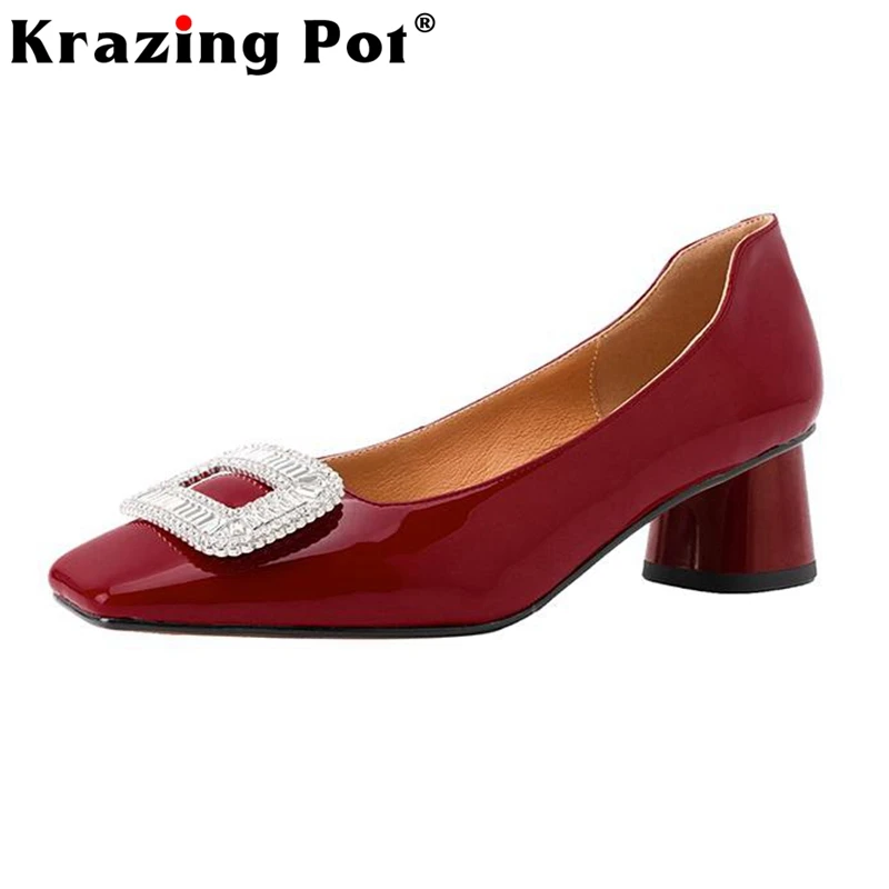 

Krazing Pot Luxury Sheep Leather Square Toe Med Heels Large Size Spring Shoes Crystal Fasteners Grace Party Slip Dating On Pumps