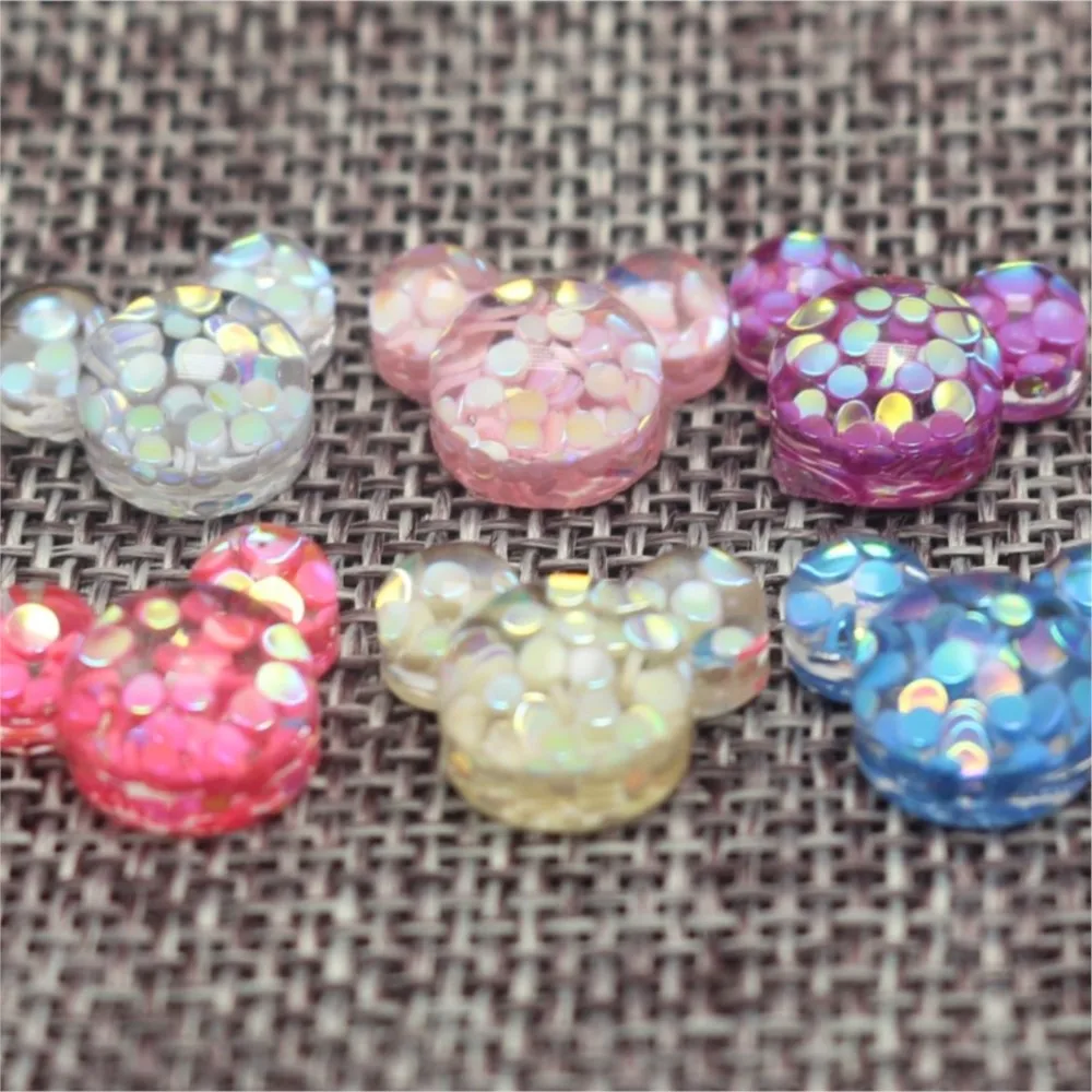 50 Mixed Color Flatback Resin Glitter Crystal Mouse Face Cabachons 15X13mm