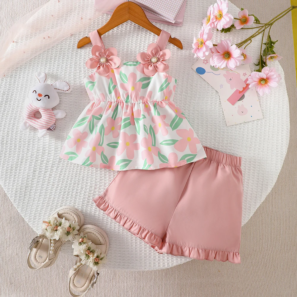 Girls' summer two-piece sweet set: three-dimensional floral print camisole + solid-colored shorts