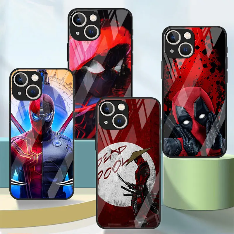 Marvel Deadpool Spiderman Case for iPhone 14 Plus 7 6S XR XS X 13 Pro Max 8 12 Mini 11 Pro SE Tempered Glass Hard PC Cover Capa