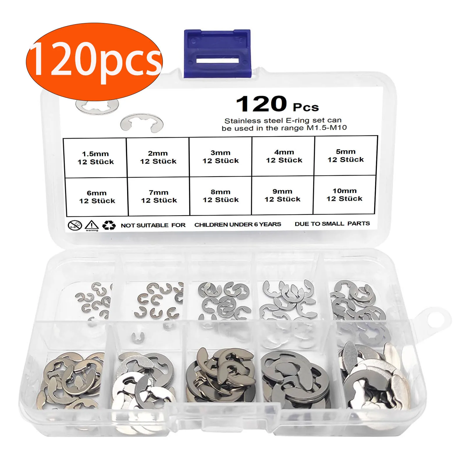 

120pcs 304 Stainless Steel E Clip External Retaining Ring Circlip Washer Assortment kit M1.5M2M3M4M5M6M7M8M9M10 Clip for Shaft