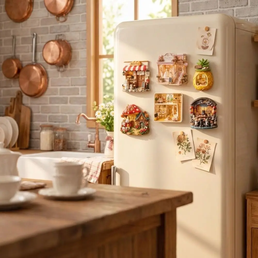 Resin 3D Embossed Refrigerator Sticker Cat Themed Shop Shape Refrigerator Magnet Ornaments House Themed Refrigerator Decoration