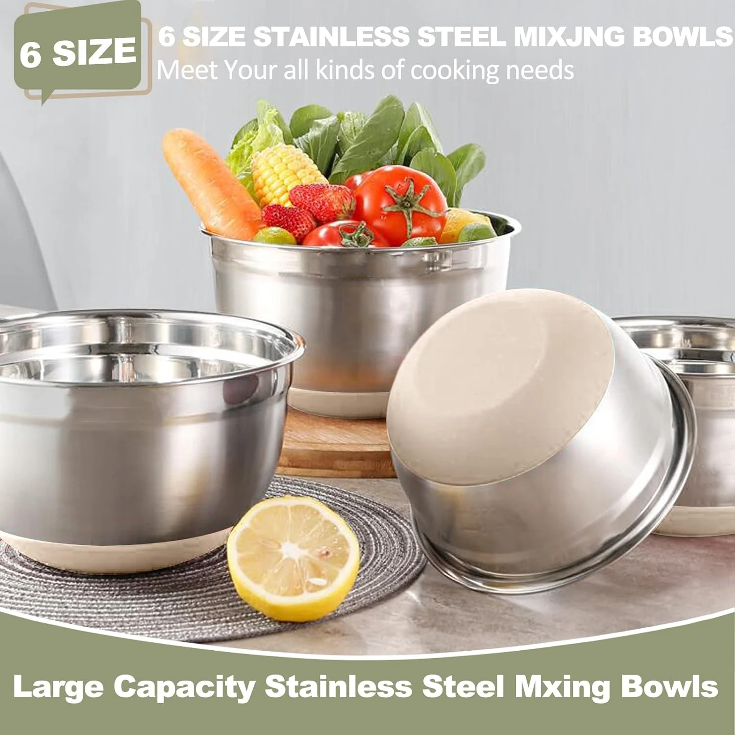 Silicone Bottom Round Cooking Baking Salad Basin set Stainless steel salad basin6pcs