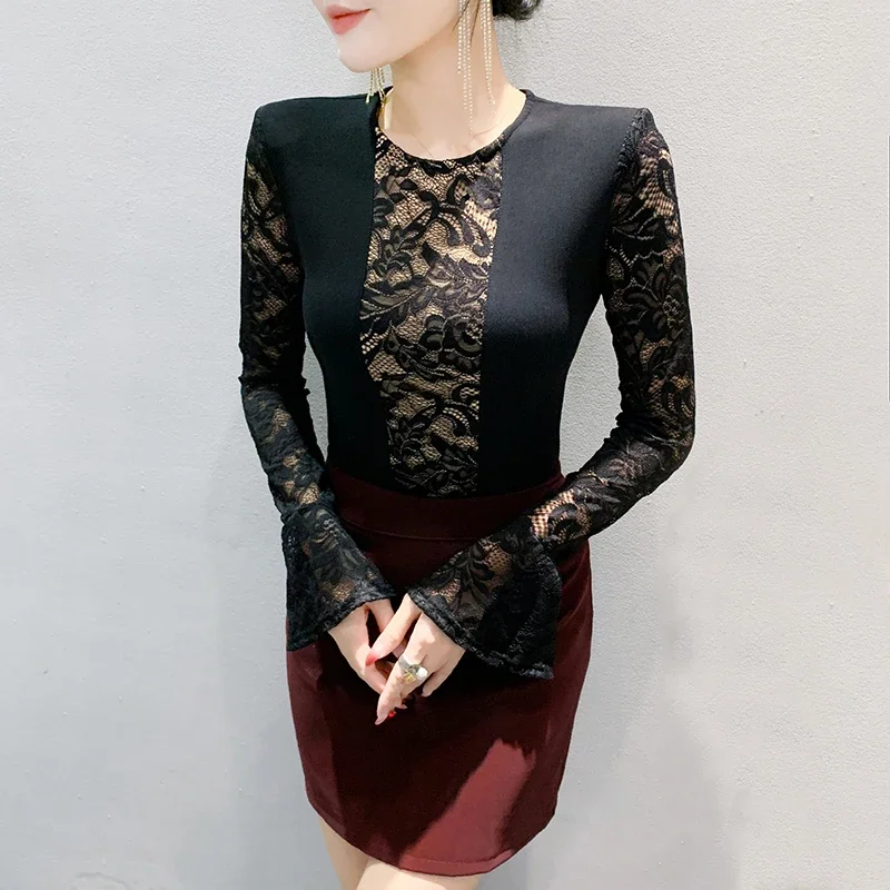 Top in pizzo sexy sottile elegante M-3XL T-shirt da donna con scollo a maniche lunghe autunno inverno Blusas nere