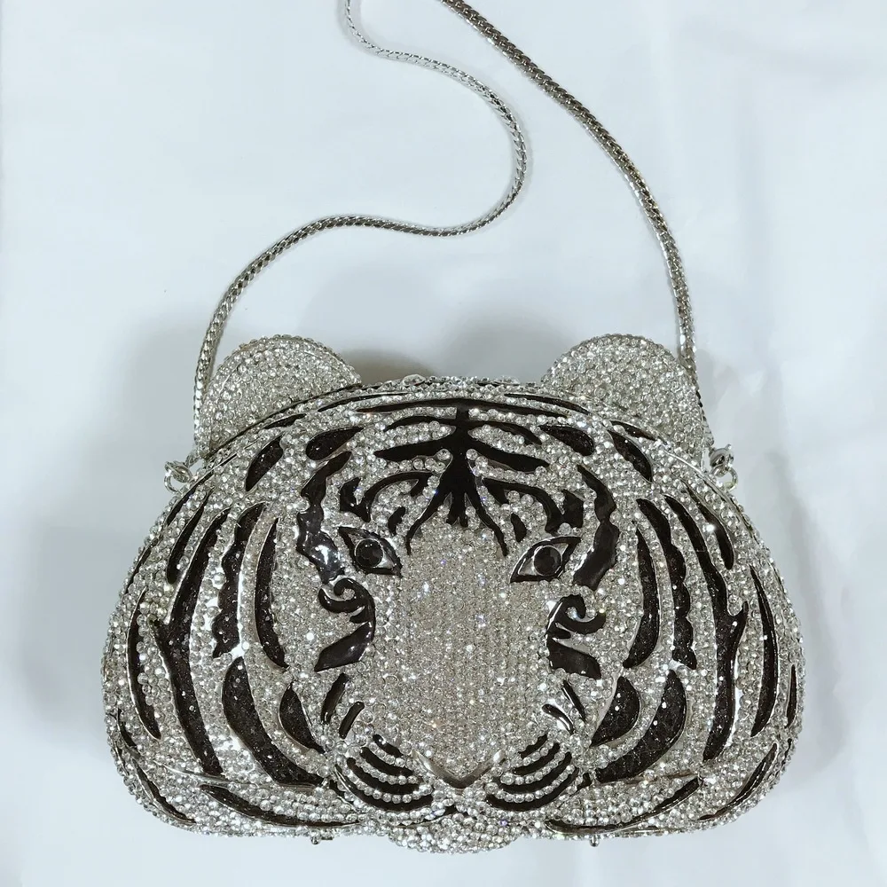 Tiger Head Shape Crystal Clutch para mulheres, sacos de noite, bolsas de jantar, strass, bolsas rígidas, ouro, prata, diamante, luxo