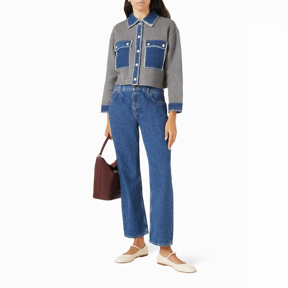 

High-End Version European Sle Loose Casual Denim Patchwork Collar ey Knitted Jaet ort Length Women's Top