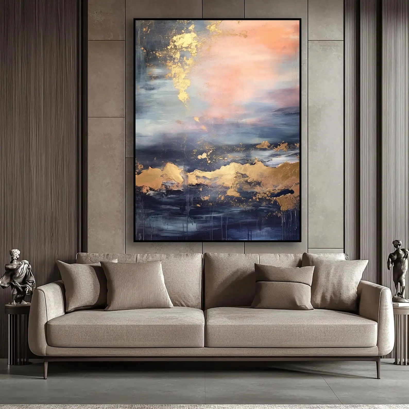 

Mhemyo Hand-Painted Abstract Oil Painting Pink Gold and Blue Layered Paint Textured Modern Wall Art For Living Room Home Decor