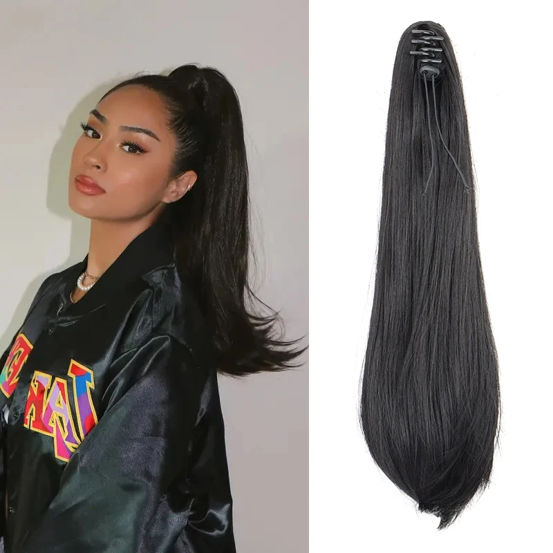 

Synthetic Slightly Upturned Straight Ponytail Claw Clip In Hair Extension Sweet Cute Ponytail Black Brown Hairpiece for Women
