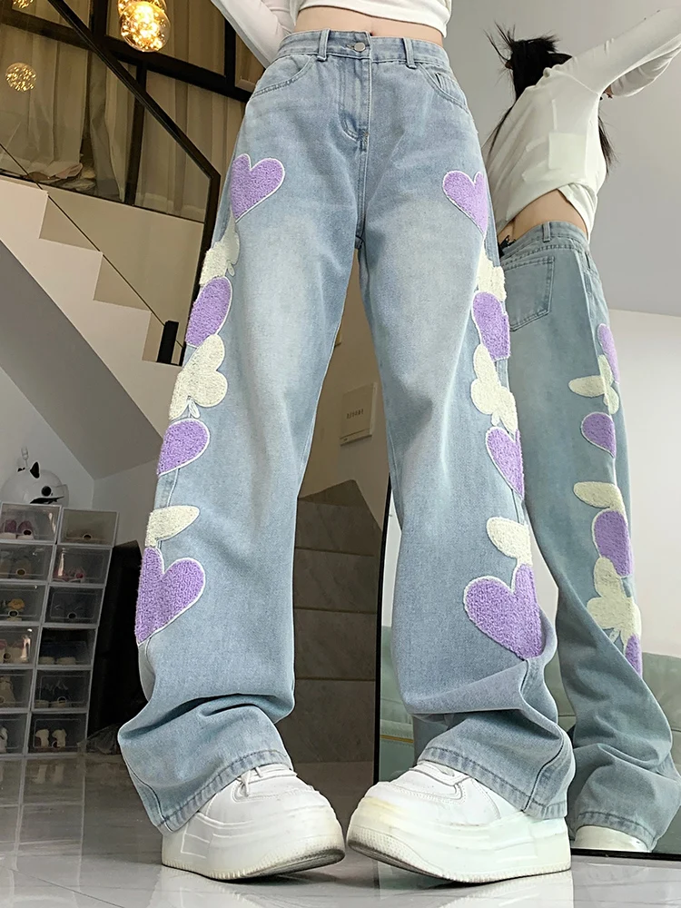 

New Woman Light Blue Designer Washed High Waist Wide Leg Jeans Female Y2k Sweet Casual Embroider Korean Style Straight Leg Pants