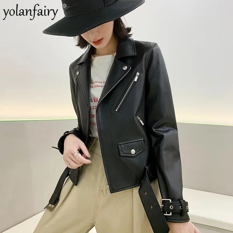 Genuine Leather Coat Women's Sheepskin Jacket Motorcycle Natural Leather Jackets for Women Korean Slim 2023 New Spring Autumn FC