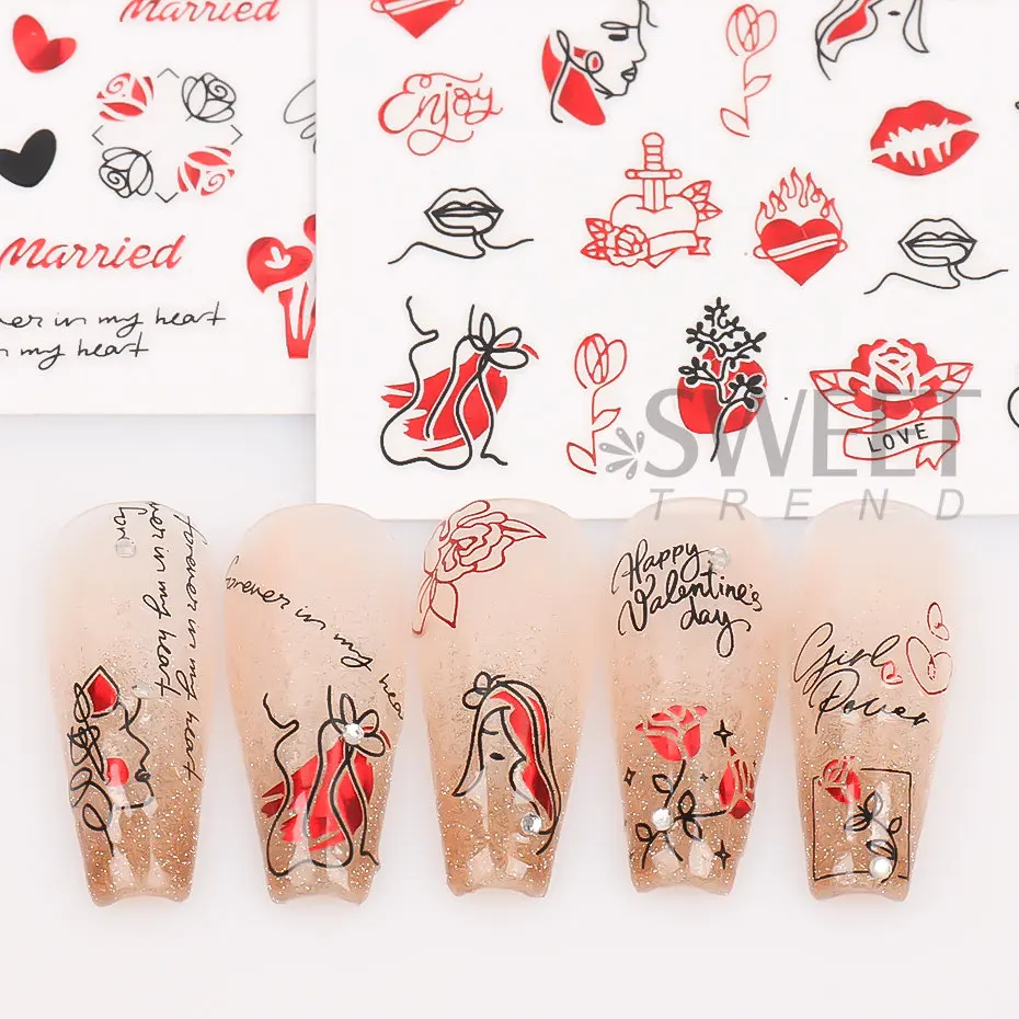 Laser vermelho 3d etiqueta do prego holograghic preto amante coração beijo romanic lábio slider prego decoração casal valentine adesivo becj037