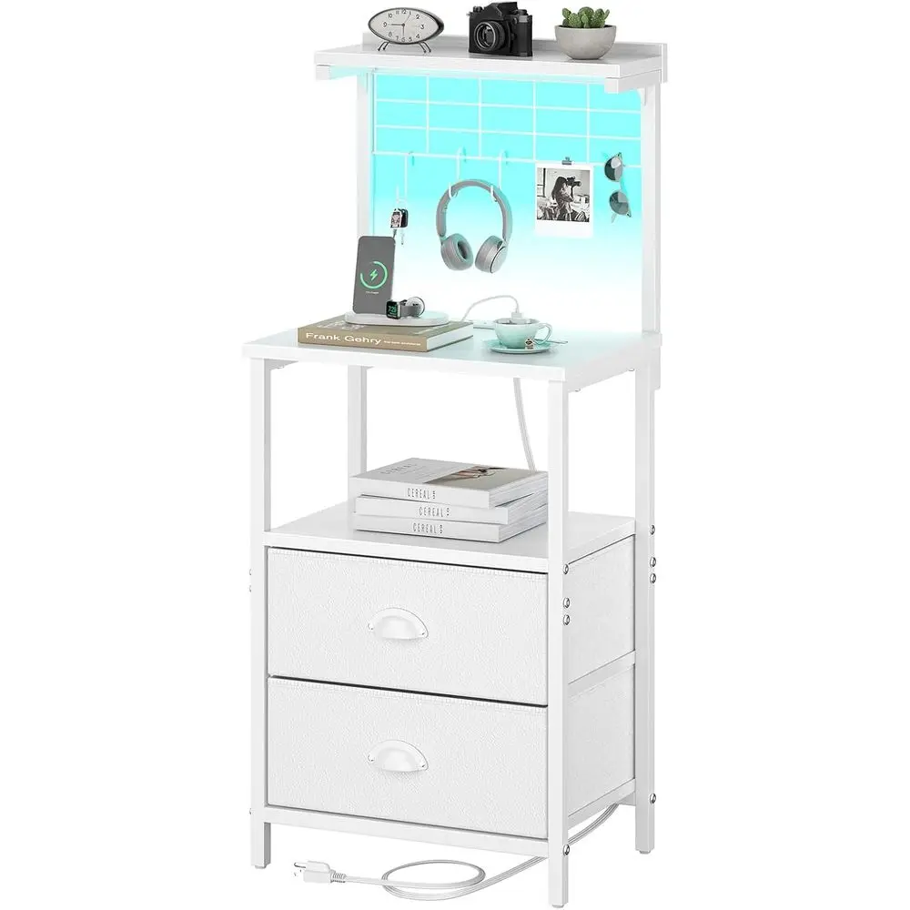 

Contemporary Tall Nightstands with Charging, LED Lights, Fabric Drawers, USB Ports, and Open Shelves for Bedroom or Office, Whit