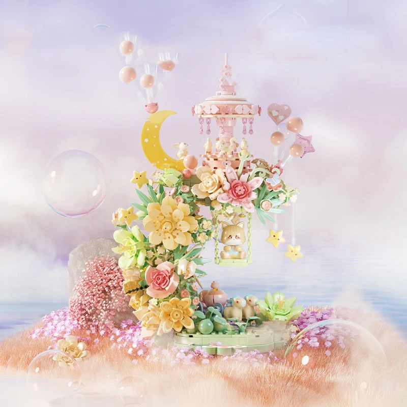 Bunga Kreatif Blok Bangunan Paviliun Bulan Model Figur Batu Bata Figur Kucing Set Konstruksi Mainan untuk Hadiah Anak Perempuan dengan Cahaya
