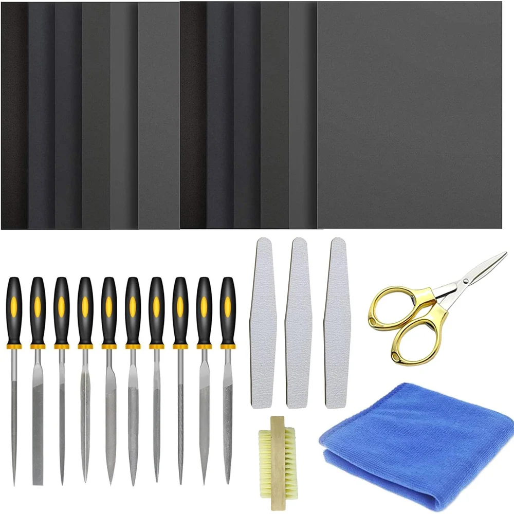 

19 PCS Resin Casting Tools Resin Sanding and Polishing Kit Include 10 Style File, Sand Papers, Scissors, Wooden Brush, Polishing